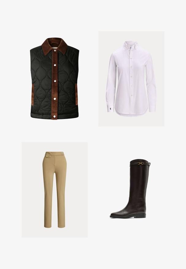 Gilet matelassé noir avec un col en velours côtelé marron et des détails rayés, doté de boutons-pression en argent et de poches latérales.; Chemise blanche à manches longues avec col boutonné et petit logo brodé sur le poignet gauche.; Pantalons beiges ajustés avec une texture lisse, taille haute, deux boutons décoratifs et une poche arrière. Design à jambe droite.; Botte d'équitation haute en cuir marron foncé avec un petit talon et une boucle décorative dorée près du bord supérieur.