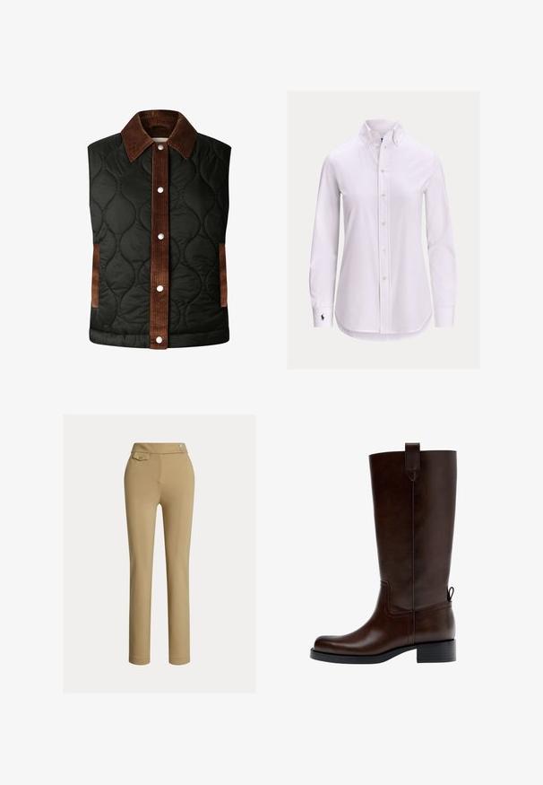 Quiltet sort vest med en brun fløjlskrave og stribedetaljer, der har sølvfarvede trykknapper og sidelommer.; Hvid langærmet skjorte med knapper foran, knappet krave og lille broderet logo på venstre manchet.; Beige slim-fit kvindebukser med høj talje, to knapper i siden og en lille lomme med knap nær taljebåndet.; Mørkebrune knæhøje læderstøvler med lav blokhæl, trække-flap øverst og bagpå samt rundet tå, vist i sideprofil.