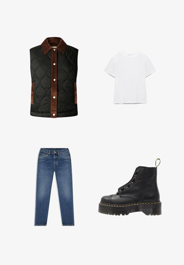 Quiltet sort vest med en brun fløjlskrave og stribedetaljer, der har sølvfarvede trykknapper og sidelommer.; Hvid, kortærmet T-shirt med rund hals og lige kant, vist på en hvid baggrund.; Blå denim jeans med lige ben-design, der har knap- og lynlåsgylpter, fem lommer og subtilt slid i vasken.; Sorte læder ankelstøvler med tekstureret overflade, rund tå, snørebåndsdesign, gule stikninger og en tyk, rillet sort platformsål.