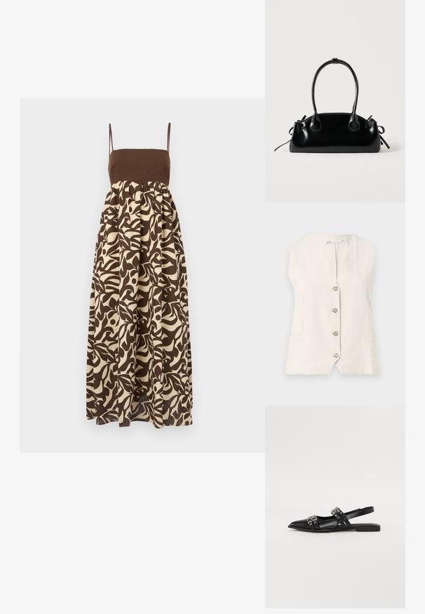 Veste sans manches en lin beige avec quatre boutons sur le devant et deux poches passepoilées à la taille.; Robe maxi imprimée marron et écrue avec un haut ajusté, des fines bretelles et une jupe évasée arborant des motifs de feuilles organiques.; Even&Odd Ballerines à brides arrière - black; Petit sac à main noir brillant avec deux longues anses et des détails à cordon sur les côtés sur un fond clair uni.