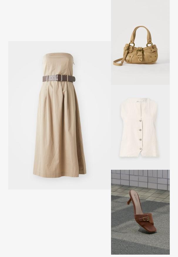Veste sans manches en lin beige avec quatre boutons sur le devant et deux poches passepoilées à la taille.; Robe maxi beige sans bretelles avec un corsage ajusté, une jupe plissée et une large ceinture marron avec une boucle carrée. Fabriquée en tissu léger.; Mule en cuir marron à talon avec boucle dorée et bout carré, debout sur un trottoir gris près d'un mur carrelé.; Sac à main en cuir beige avec double poignées, boucle en laiton et détails rivetés, ainsi qu'une bandoulière réglable sur fond blanc.