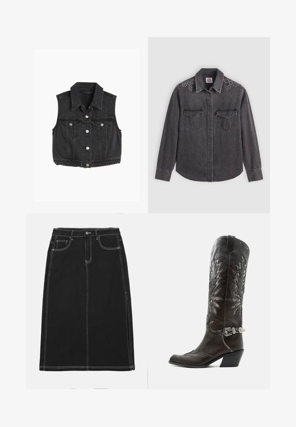 Gilet sans manches en denim noir avec un col pointu, des boutons à l'avant, deux poches poitrine et des détails tressés le long de l'ourlet.; Chemise en denim noir à manches longues, avec col pointu, deux poches poitrine, accents en clous argentés sur les épaules, devant à boutons.; Jupe en denim noir avec une coupe droite, ornée de coutures blanches, avec une fermeture à boutons sur le devant et deux poches avant. Texture lisse.; Botte de cowboy en cuir noir avec découpes décoratives, boucle argentée et talon incliné, présentée sur fond blanc.