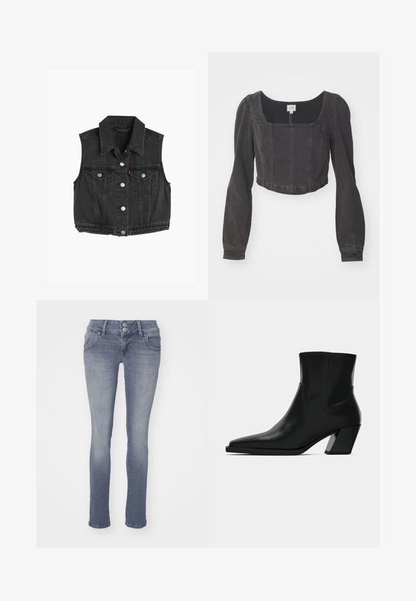 Gilet sans manches en denim noir avec un col pointu, des boutons à l'avant, deux poches poitrine et des détails tressés le long de l'ourlet.; Veste en denim noir coupée avec encolure carrée, manches bouffantes longues et détails de coutures à l'avant. Le tissu semble texturé et légèrement décoloré.; Jean skinny en denim bleu clair, présentant un design classique à cinq poches, une fermeture à deux boutons et un léger délavage sur le devant.; Bottine en cuir noir avec un bout pointu, une silhouette élégante et un talon carré massif. Texture lisse avec des détails de couture minimalistes.