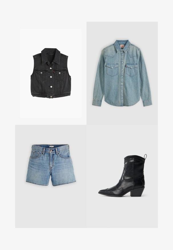 Gilet sans manches en denim noir avec un col pointu, des boutons à l'avant, deux poches poitrine et des détails tressés le long de l'ourlet.; Chemise en denim bleu clair à manches longues, boutons-pression, col pointu et deux poches à rabat devant sur un fond clair.; Shorts en denim bleu clair, taille haute, avec cinq poches, une braguette zippée et un ourlet brut. Coutures classiques et texture légèrement délavée.; Botte western en cuir noir mi-mollet avec bout pointu, couture décorative, tirette et talon bloc empilé sur fond neutre.