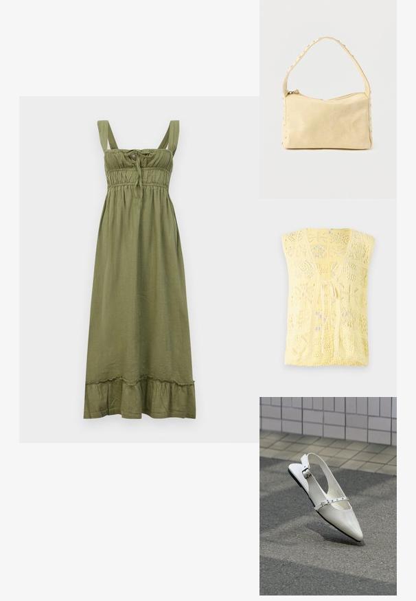 Gilet en tricot jaune avec un col en V, des motifs ajourés et une fermeture à nouer à l'avant. Texture douce avec une coupe décontractée.; Robe sans manches vert olive avec un corsage smocké, détail à nouer au niveau du col et ourlet à volants. Fabriquée en tissu léger.; Chaussure plate slingback blanche pointue avec deux boucles argentées, présentée en extérieur sur un sol texturé et un mur carrelé en arrière-plan.; Petit sac à main en cuir beige avec une seule bandoulière et des clous argentés le long des bords et de la bandoulière, posé sur un fond uni.