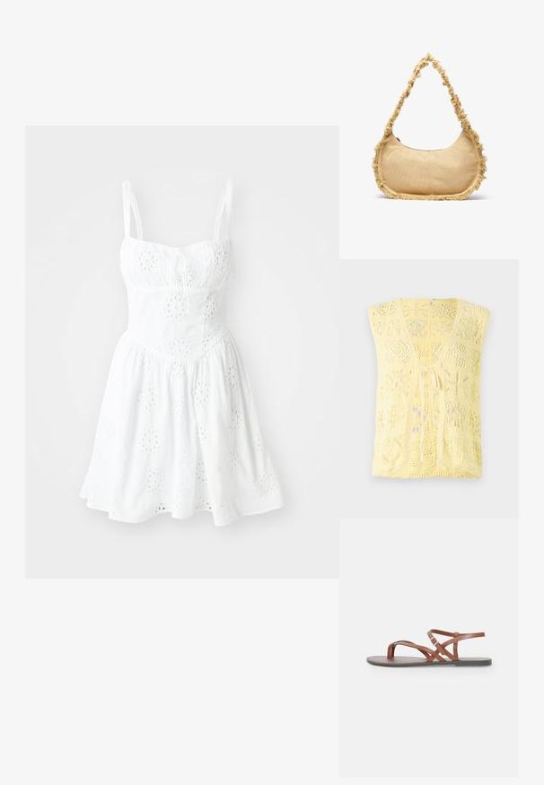 Gilet en tricot jaune avec un col en V, des motifs ajourés et une fermeture à nouer à l'avant. Texture douce avec une coupe décontractée.; Robe blanche avec des bretelles spaghetti réglables, un corsage ajusté et une jupe évasée. Présente une broderie en œillets et un détail à cordon au niveau du décolleté.; Sandales plates en cuir marron avec des lanières croisées, un design à bout ouvert et une sangle à boucle autour de la cheville. Texture lisse et style minimaliste.; Sac beige texturé de forme arrondie, avec un bord effiloché tout le long des bords et une courte sangle pour le porter. Ouverture zippée en haut.