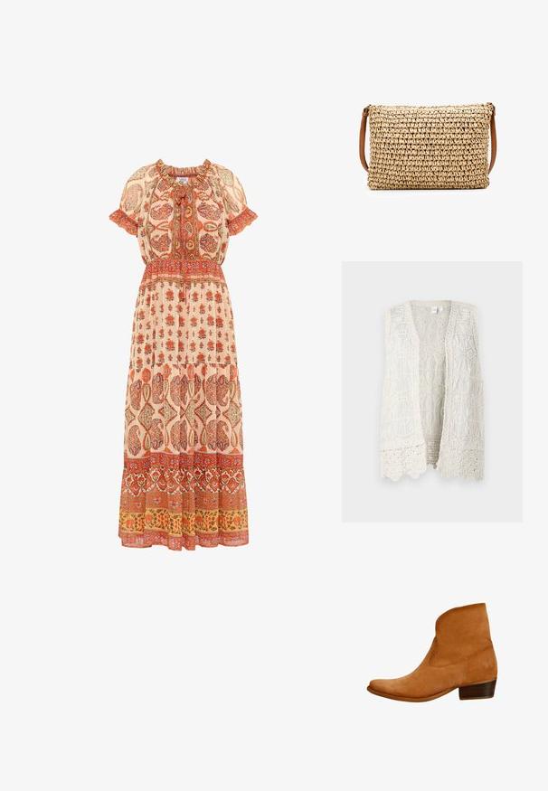 Chaleco sin mangas de color crema con un intrincado patrón de encaje, que presenta motivos circulares y bordes texturizados, diseño de abertura frontal.; Vestido maxi de tejido ligero con estampado floral en tonos rojos y naranjas, que presenta un escote fruncido, mangas cortas y un dobladillo en capas.; Botín de ante marrón con parte superior curvada, puntera afilada y tacón bajo de madera; presenta un suave detalle en relieve en el costado.; Bolso de paja trenzada tipo bandolera con una correa de cuero marrón; forma rectangular; superficie texturizada; color natural con un patrón de tejido ajustado.