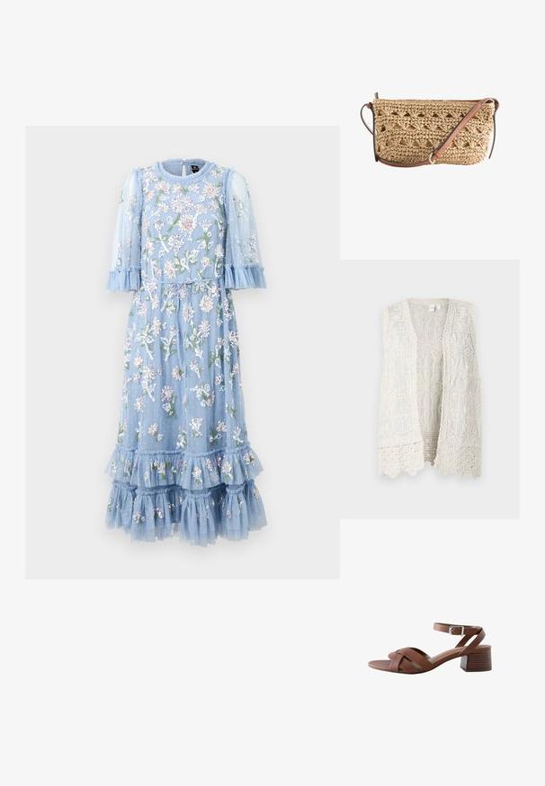 Chaleco sin mangas de color crema con un intrincado patrón de encaje, que presenta motivos circulares y bordes texturizados, diseño de abertura frontal.; Vestido azul claro, bordado con flores, hecho de tela transparente con mangas y dobladillo acampanados. Presenta un cinturón atado en la cintura y acentos de volantes de capas.; Sandalia de cuero marrón con tiras entrecruzadas, hebilla en el tobillo y tacón bajo de bloque sobre fondo blanco.; Bolso bandolera beige tejido con patrón de punto abierto y correa ajustable de cuero marrón, forma rectangular y bordes redondeados.
