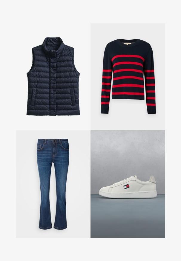 Veste sans manches matelassée bleu marine avec col cheminée, fermeture à boutons, deux poches latérales et texture matelassée. Présente un logo discret sur la poitrine.; Pull tricoté bleu marine avec des rayures rouges horizontales, col rond et poignets côtelés. Manches mi-longues avec un ourlet droit.; Mos Mosh ASHLEY IMERA - Jean droit - dark blue; Baskets en cuir blanc avec une texture lisse, semelle en caoutchouc plate et un petit patch logo arborant des rayures rouges et bleues sur le côté.