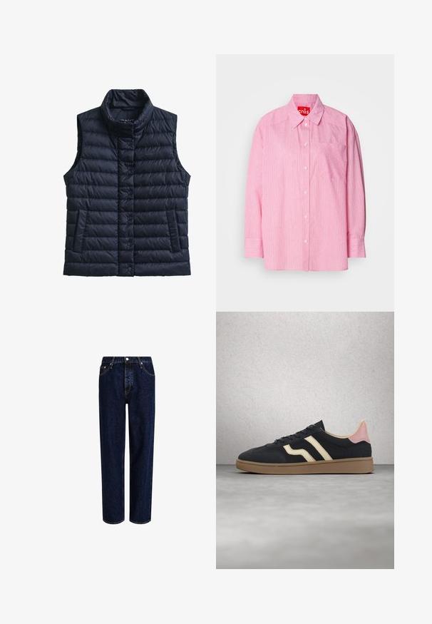 Marineblå, puffy vest uden ærmer med tragtkrave, knaplukning, to sidelommer og quiltet tekstur. Har diskret branding på brystet.; Lyserød button-up skjorte med hvide vertikale striber, en brystlomme og lange ærmer med knapmanchetter. Fremstillet af letvægtsstof.; Mørkeblå denim jeans med lige ben-design, der har høj talje, fem-lomme-stil og kontrastsyninger. Ingen dekorationer.; Marineblå lædersneakers med cremefarvede striber, lyserøde accenter på hælen og en struktureret brunt gummisål. Klassisk lav-top design.