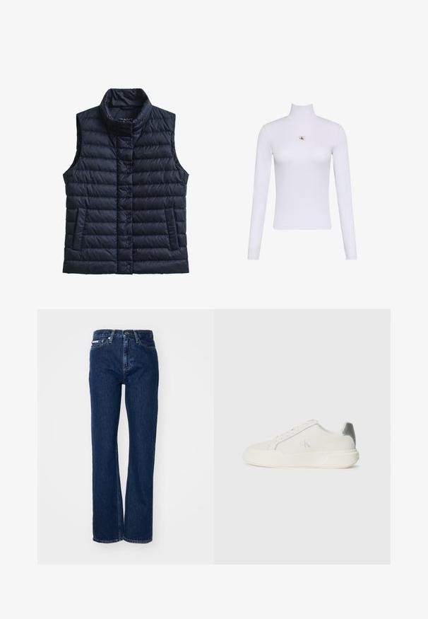 Marineblå, puffy vest uden ærmer med tragtkrave, knaplukning, to sidelommer og quiltet tekstur. Har diskret branding på brystet.; Hvid langærmet rullekravetrøje med en lille Calvin Klein logo lap placeret centralt på brystet.; Mørkeblå denimjeans med lige ben, knaplukning og fem lommer. Stoffet har en let struktur med subtile syninger.; Hvide sneakers lavet af læder med en glat tekstur, forsynet med en sølvaccent på hælen, flad sål og minimalistisk design.