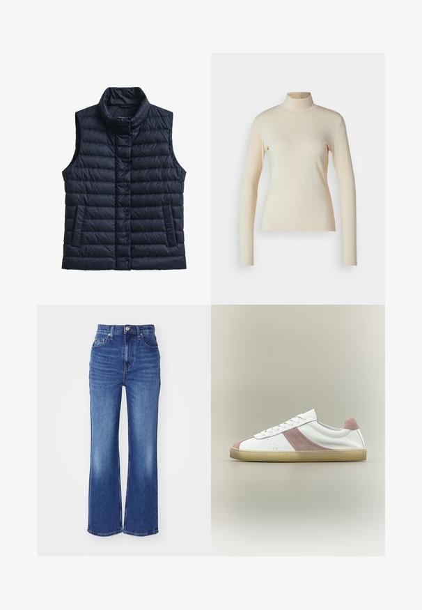 Marineblå, puffy vest uden ærmer med tragtkrave, knaplukning, to sidelommer og quiltet tekstur. Har diskret branding på brystet.; Cremefarvet langærmet turtleneck top lavet af glat, strækbart stof; tætsiddende design med høj hals og ingen synlige mønstre eller detaljer.; Blå denim flared jeans med høj talje, fem lommer, subtil falmning og kontrasterende syninger. Har lynlås og knaplukning.; Hvid lav sneaker med lyserøde ruskind accent på siden, hælen og tåen, med hvide snørebånd og beige sål på neutral baggrund.