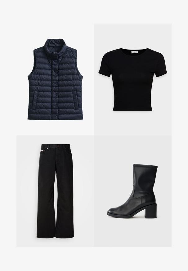 Marineblå, puffy vest uden ærmer med tragtkrave, knaplukning, to sidelommer og quiltet tekstur. Har diskret branding på brystet.; Sort kortærmet t-shirt lavet af glat bomuldsstof, med rund halsudskæring og en tætsiddende pasform. Minimalistisk uden synlige mønstre.; Sorte breddebenede jeans lavet af bomuld. Har forlommer, en knaplukning og en klassisk denimtekstur. Minimalistisk design uden mønstre.; Sort læder ankelstøvle med rund tå, glat tekstur og en grov hæl, der har et tætsiddende skaft og subtil syning.