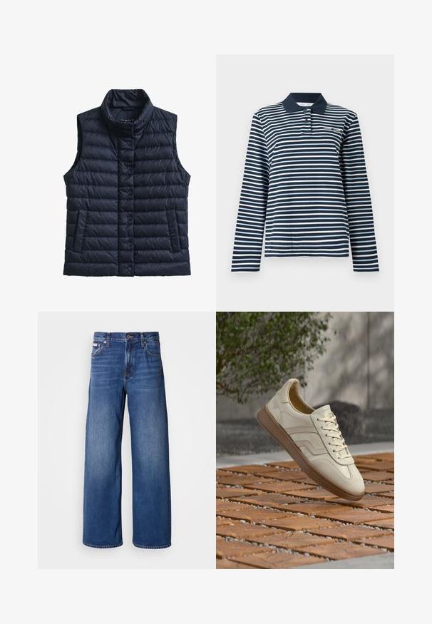 Veste sans manches matelassée bleu marine avec col cheminée, fermeture à boutons, deux poches latérales et texture matelassée. Présente un logo discret sur la poitrine.; Polo à manches longues à rayures bleu marine et blanches, en coton, avec un col boutonné et un petit logo sur la poitrine.; Jeans en denim à jambes larges de couleur bleu foncé, avec une taille haute, cinq poches et un dégradé subtil sur l'avant pour plus de texture et de détails.; Baskets couleur crème avec une semelle extérieure en caoutchouc beige texturée, un design à lacets et un marquage subtil sur le côté. Tige en cuir lisse.