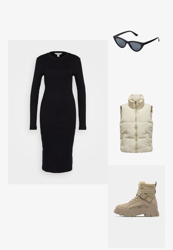 Puffy beige vest med høj krave, frontlynlås og to sidelommer. Har et kviltet mønster for ekstra tekstur og varme.; Sort ribbet langærmet kjole, tætsiddende design, runde halsudskæring, længde til midt på læggen, blød tekstur, minimale sømme og ingen synlige hårde elementer.; Tan højhælede støvler lavet af syntetisk materiale, der har en grov sål, teksturerede stofdetaljer og en rem med logo.; Sorte katteøje solbriller med mørkegrå linser, slankt plastisk stel, spidse hjørner og lige stænger. Ingen synlig hardware eller dekorationer.