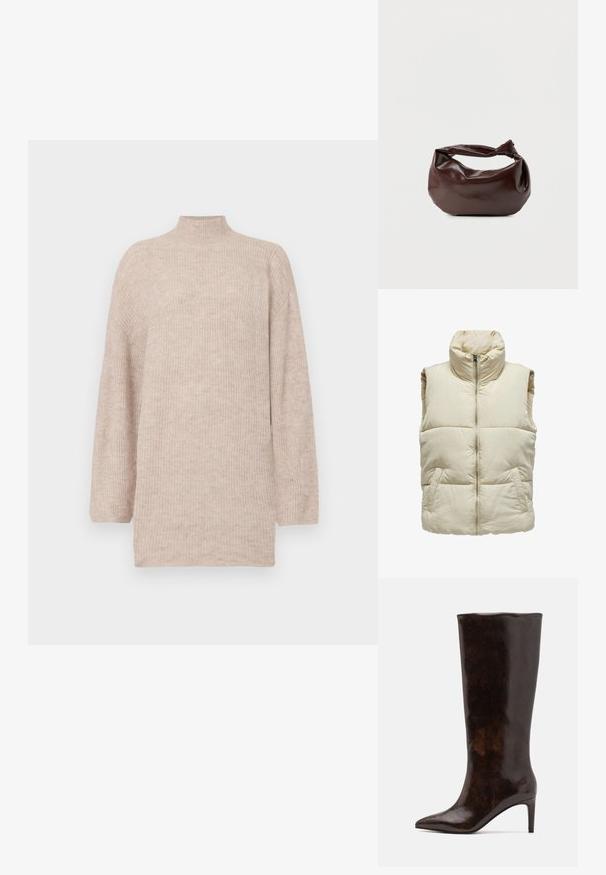 Puffy beige vest met hoge kraag, ritssluiting aan de voorkant en twee zijzakken. Kenmerkt zich door een gequilt patroon voor extra textuur en warmte.; Beige trui met hoge hals en verlaagde schouders, gemaakt van ribbelbrei materiaal. Ontspannen pasvorm met lange mouwen en een gladde textuur.; Call it Spring RHODDE - Laarzen met hoge hak - medium brown; Donkerbruine leren schoudertas met een zachte, slungelige vorm en een gedraaide knoopvormige handgreep op een effen witte achtergrond.