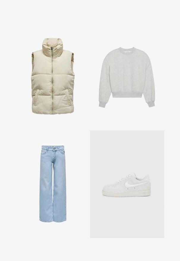 Puffy beige vest met hoge kraag, ritssluiting aan de voorkant en twee zijzakken. Kenmerkt zich door een gequilt patroon voor extra textuur en warmte.; Grijze, cropped sweatshirt, ronde halslijn, verlaagde schouders, lange mouwen met ribgebreide manchetten, gemaakt van een zachte katoenmix, minimalistische textuur.; Lichtblauwe wijde jeans met voorzakken, ceintuurlussen, knoopsluiting en een label met de tekst "ONLY" op de tailleband.; Witte suède Nike Air Force 1 sneaker met een gestructureerde afwerking, ronde neus en contrasterend wit logo-accent, voorzien van een rubberen zool.