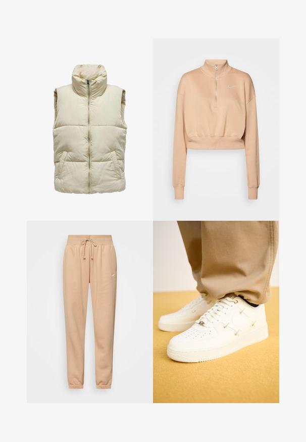 Puffy beige vest med høj krave, frontlynlås og to sidelommer. Har et kviltet mønster for ekstra tekstur og varme.; Nike Sportswear Sweatshirt - hemp/sail; Beige sweatpants lavet af blød bomuldsblanding, med elastisk talje og snoretræk samt manchetter ved anklerne. Lille logo detalje.; Hvide lædersneakers med perforeret tå, gyldne accenter og flade snørebånd, parret med beige bukser på en struktureret gul overflade.