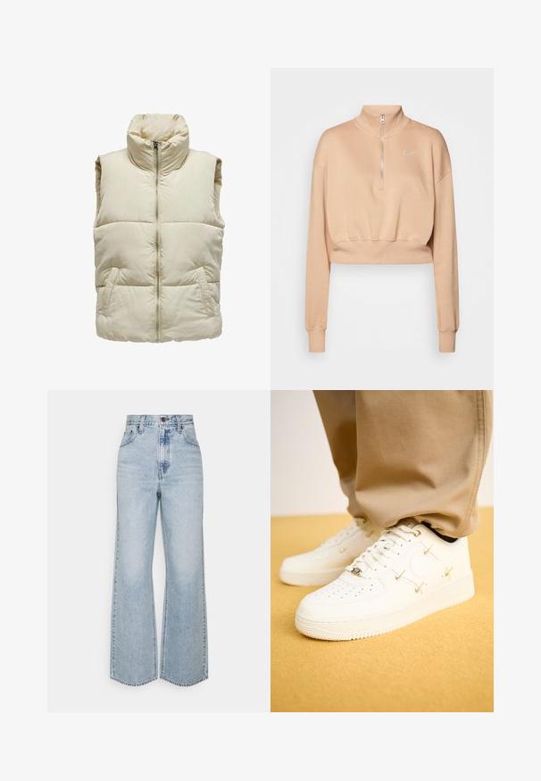 Puffy beige vest med høj krave, frontlynlås og to sidelommer. Har et kviltet mønster for ekstra tekstur og varme.; Nike Sportswear Sweatshirt - hemp/sail; Lysblå denim brede ben jeans med høj talje, klassisk fem-lomme design og kontrasterende syninger. Uslebne kanter i bunden.; Hvide lædersneakers med perforeret tå, gyldne accenter og flade snørebånd, parret med beige bukser på en struktureret gul overflade.