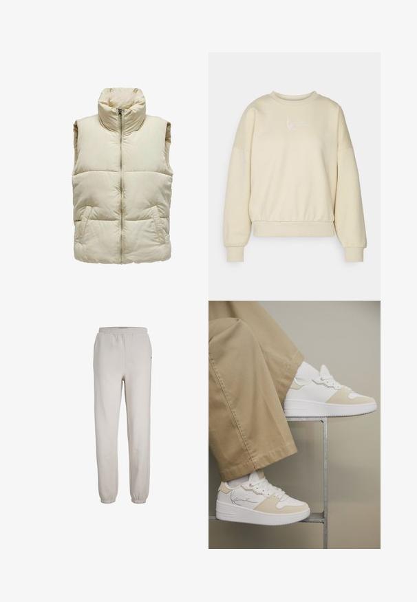 Puffy beige vest med høj krave, frontlynlås og to sidelommer. Har et kviltet mønster for ekstra tekstur og varme.; Beige sweatshirt med rund halsudskæring, dropped skuldre og elastisk talje. Har hvidt broderet tekst på brystet. Blød tekstur.; Lyse beige joggerbukser med elastisk talje og ankler, med afslappet pasform og glat stoftekstur.; Hvide sneakers med beige accenter båret med beige bukser, fødder hvilende på en minimal metalramme mod en neutral baggrund.