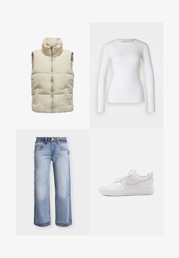 Puffy beige vest met hoge kraag, ritssluiting aan de voorkant en twee zijzakken. Kenmerkt zich door een gequilt patroon voor extra textuur en warmte.; Witte longsleeve shirt van ribstof, met een ronde halslijn en een getailleerde vorm. Er zijn geen patronen of accenten aanwezig.; Lichtblauwe jeans met wijde pijpen, gelaagde denimpanelen, rafelige randen en een standaard ontwerp met vijf zakken.; Witte lage Nike Air Force 1 sneaker met witte veters, perforaties op de neusplaat en een mesh paneel achter het Nike Swoosh-logo.