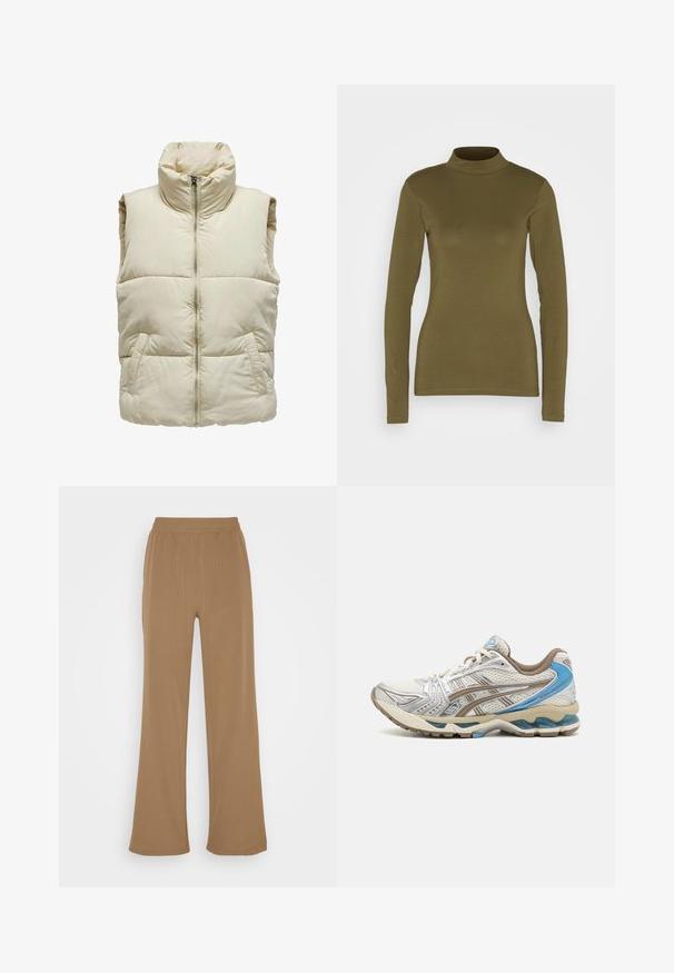 Puffy beige vest met hoge kraag, ritssluiting aan de voorkant en twee zijzakken. Kenmerkt zich door een gequilt patroon voor extra textuur en warmte.; JDY Longsleeve - kalamata; Noisy May NMKIRBY STRING PANTS - Broek - capers; Witte en beige hardloopschoen met blauwe accenten, mesh bovenwerk, gewatteerde zool en vetersluiting, getoond vanaf de buitenkant.