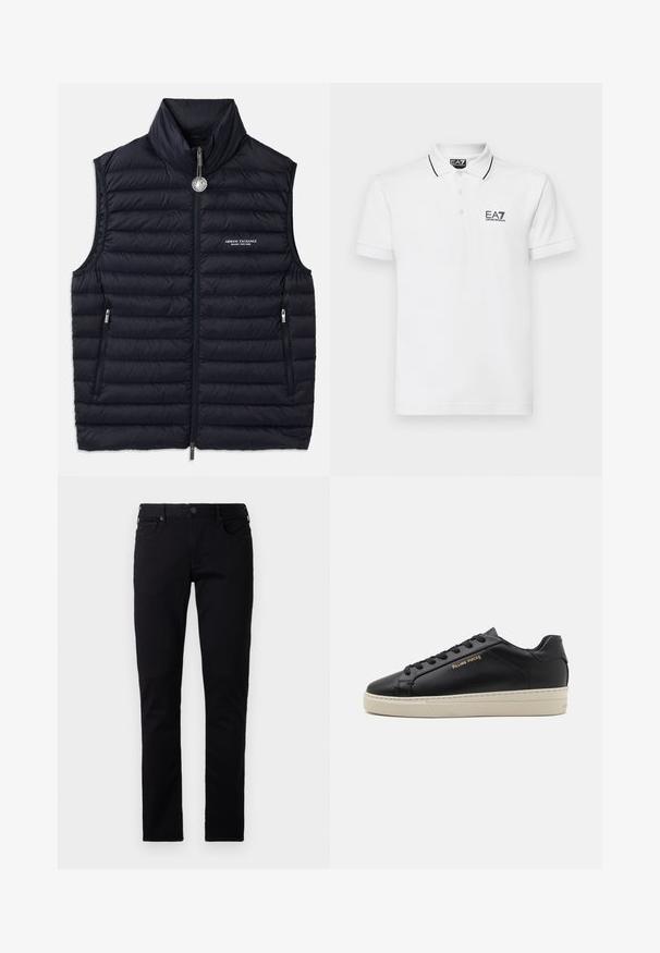 Chaleco acolchado azul marino con cuello alto, cierre frontal, dos bolsillos con cremallera y detalle del logo en el lado izquierdo. Textura acolchada y cosida por toda la prenda.; Camisa polo de algodón blanca con una tapeta de dos botones, cuello negro y rayas en las mangas, que presenta el logo de EA7 en el lado izquierdo del pecho.; Emporio Armani POCKETS PANT - Vaqueros slim fit - black denim; Zapatilla de cuero negra con un acabado suave, suela crema en contraste, puntera redonda, logo dorado en el lateral y seis ojales para los cordones.