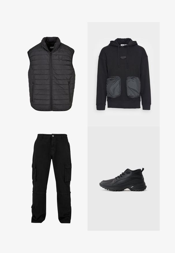Sort ærmeløs puffer vest med høj krave, lynlås lukning, to sidelommer, vandret syninger, og et lille logo patch på brystet.; Sort hættetrøje med løs pasform, der har to store lynlåslommer i et blankt materiale foran. Lille logopatch over lommerne.; Sorte cargo bukser lavet af slidstærkt stof. Har flere sidelommer, en afslappet pasform og syede detaljer. Klassisk design, der er velegnet til forskellige anvendelser.; Sorte atletikskøjter lavet af syntetisk materiale. Har en polstret krave, rund tå, robust ydersål med godt greb og detaljer med mærkelogo.