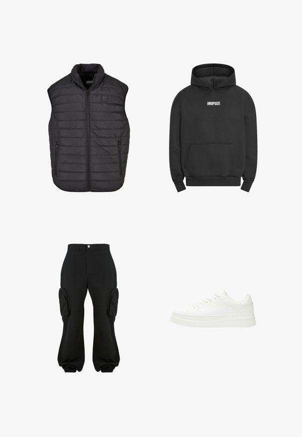 Sort ærmeløs puffer vest med høj krave, lynlås lukning, to sidelommer, vandret syninger, og et lille logo patch på brystet.; Sort hættetrøje med kængurulomme, ribbede manchetter og kant, med "DROPSIZE" broderet i hvidt på den øverste del af brystet. Standard pasform.; Sorte cargobukser med en afslappet pasform, der har to sidelommer, elastiske manchetter ved anklerne og en knaplukning i taljen.; Hvid sneaker med en glat læderoverdel, flade snørebånd og en tyk gummisål. Minimalistisk design med diskret syning og glatte detaljer.