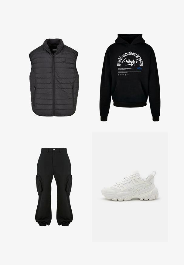 Chaleco acolchado negro sin mangas con cuello alto, cierre de cremallera, dos bolsillos laterales, costuras horizontales y un pequeño parche de logo en el pecho.; Sudadera con capucha negra y bolsillo delantero. Presenta texto en negrita blanca y diseño gráfico. Fabricada con un tejido suave, con puños y terminación de dobladillo acanalados.; Pantalones cargo negros con un corte relajado, que cuentan con dos bolsillos laterales, puños elásticos en los tobillos y un cierre de botón en la cintura.; Zapatillas deportivas blancas con un upper texturizado, paneles de malla, suela de goma prominente y recortes decorativos en los laterales.
