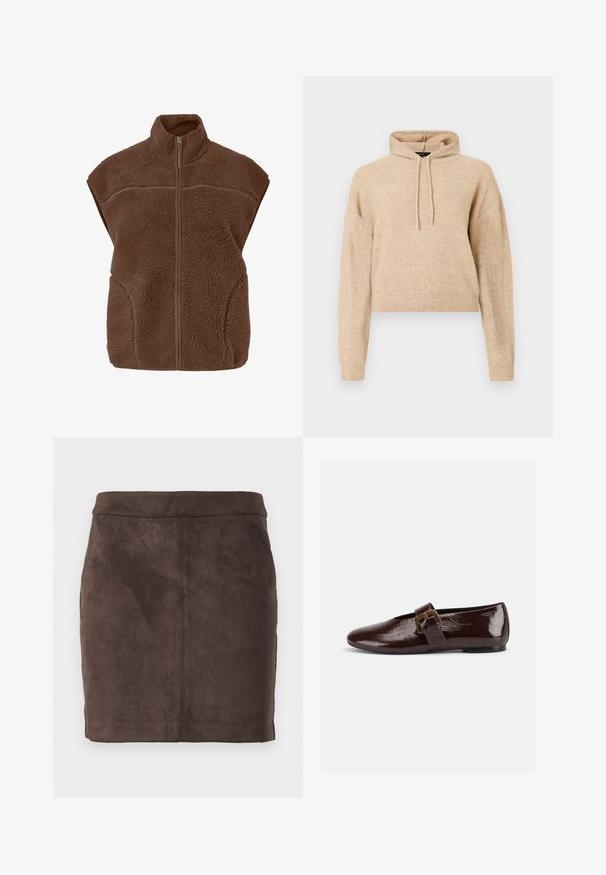 Veste sans manches en polaire marron avec col haut et fermeture éclair à l'avant.; Haut de sweat en maille beige, cropped, avec des manches longues et une capuche à cordons, présenté sur fond blanc.; Jupe mini en daim marron avec une texture lisse, un design effilé et une taille plate, comprenant des coutures verticales pour la structure.; Chaussure plate en cuir verni marron foncé avec une large bride à boucle dorée et un bout arrondi, présentée de profil sur fond blanc.