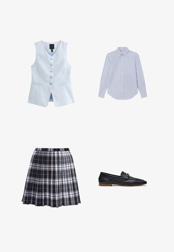 Lichtblauw, mouwloos vest van een textuurstof. Heeft een v-hals, zes knopen aan de voorkant en twee voorzakken.; Lichtblauwe blouse met lange mouwen van katoen, met een button-down kraag, knopen aan de voorkant en een gebogen zoom. Subtiel logo in dezelfde kleur.; Zwart en grijs geruit geplooide rok met een tailleband, de stof is glad en heeft horizontale en verticale lijnen in verschillende breedtes.; Marine leren instapper met een strak ontwerp, spitse neus, minimale stiksels en een decoratieve gouden accent op de leren band. Platte houten hak.