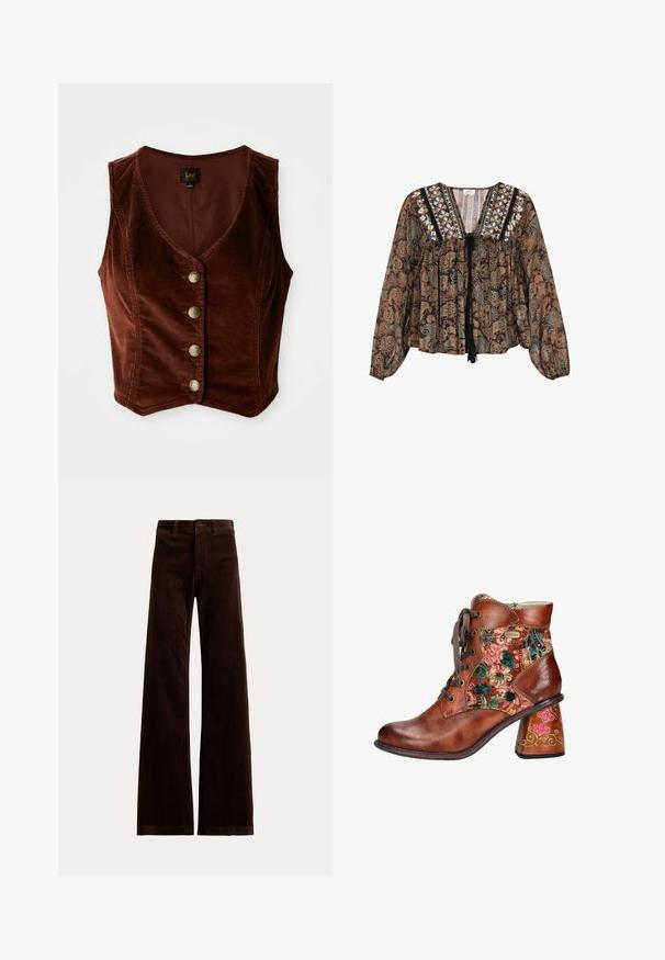 Brun kordfløjl ærmeløs top med en dyb V-hals og fem guldknapper, med en tekstureret overflade og tætsiddende design.; Langærmet bluse med paisley-mønster, broderet V-hals, blomsterdetaljer og sort bindelukning foran.; Mørkebrune bredbenede kordbukser med bæltestropper og knaplukning foran på ensfarvet baggrund.; Brune læder ankelstøvle med blomster-mønstret stof, rund tå, snørelukning foran og dekorativmalet hæl.