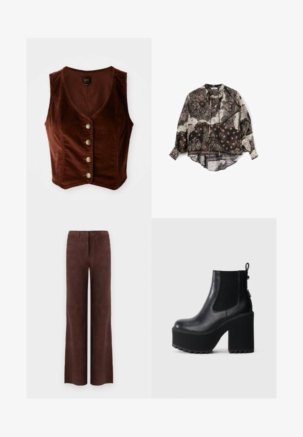 Bruine corduroy mouwloze top met een diepe V-halslijn en vijf gouden knopen, met een getextureerd oppervlak en een getailleerd ontwerp.; Losse blouse met lange mouwen met zwart-wit paisley- en bandana-patchworkpatroon, ronde halslijn en knoopmanchetten.; Donkerbruine suède rechte broek met voorzakken en riemlussen, weergegeven op een eenvoudige lichte achtergrond.; Zwarte leren enkellaars met elastische zijkanten, een dikke plateauzool en een stevige hak met een profielzool voor grip.