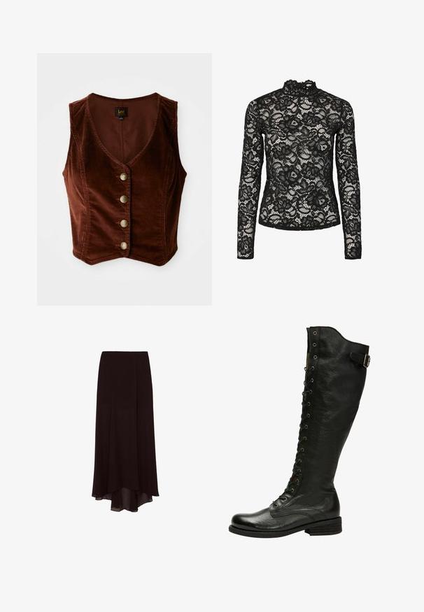 Brun kordfløjl ærmeløs top med en dyb V-hals og fem guldknapper, med en tekstureret overflade og tætsiddende design.; Sort blonde top med lange ærmer, der har en høj hals med flæsedetaljer, blomsterprint og en gennemsigtig tekstur. Designet til en tætsiddende silhuet.; Sort asymmetrisk midi-nederdel med høj talje, med flydende, lagdelt kant og glat, ensartet stofstruktur.; Sorte læder knæhøje støvler med snørebånd foran, sølvøjer og sidebælte. Har en tekstureret overflade og stablet hæl.
