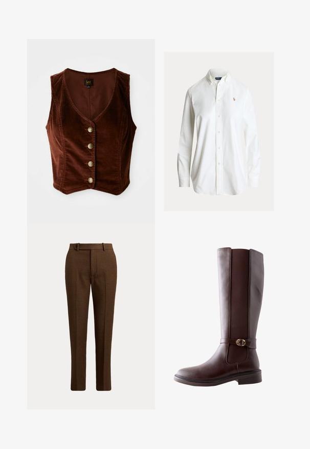 Bruine corduroy mouwloze top met een diepe V-halslijn en vijf gouden knopen, met een getextureerd oppervlak en een getailleerd ontwerp.; Wit overhemd met lange mouwen, knoopsluiting, button-down kraag en klein geborduurd polo spelerlogo op de linkerborst.; Bruin geruite op maat gemaakte broek met riemlussen en een knoopsluiting aan de voorkant, getoond tegen een effen lichte achtergrond.; Next STANDARD FIT - FOREVER COMFORT ROUND BUCKLE DETAIL - Laarzen - new chocolate brown