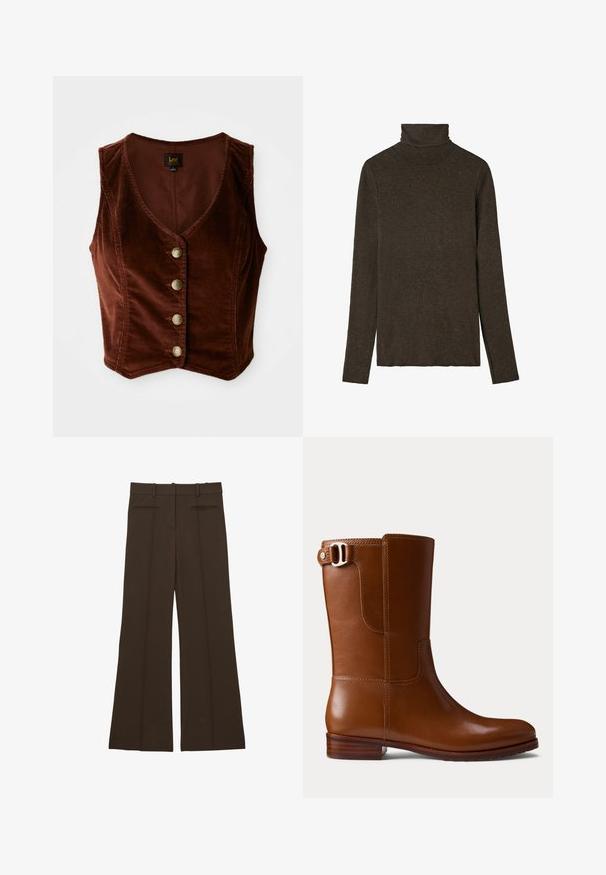 Brun kordfløjl ærmeløs top med en dyb V-hals og fem guldknapper, med en tekstureret overflade og tætsiddende design.; Mørkebrunt turtleneck top lavet af blød, struktureret stof. Har lange ærmer og en tætsiddende pasform, med en glat halsudskæring.; Reiss REGULAR FIT - CLAUDE HIGH RISE FLARED - Bukser - chocolate brown; Brun læderankelstøvle med en glat finish, rund tå og dekorative sidespænde. Har en lav træsål og minimale syningsdetaljer.