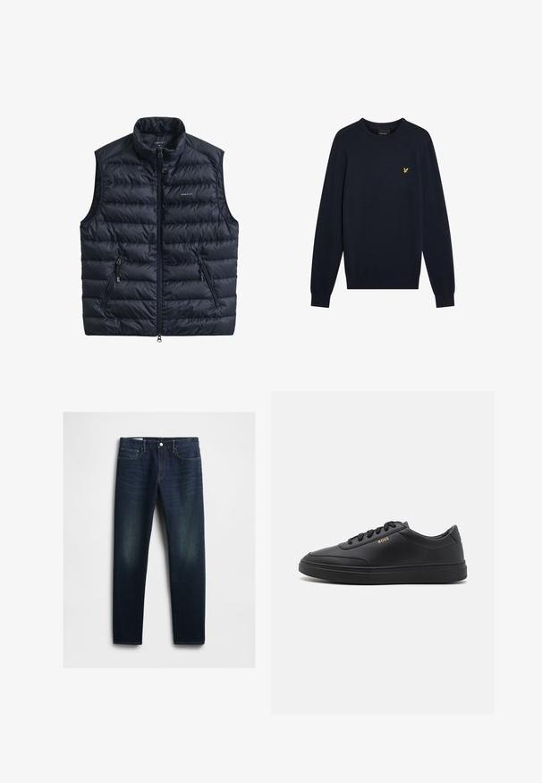 Marineblå polstret vest med høj krave, lynlås foran og to lynlåslommer i siderne. Fremstillet af let stof med quiltet tekstur.; Marineblå strikket sweater med rund hals, lange ærmer og et lille gult ørnemblem på brystet. Glat tekstur, tætsiddende manchetter.; Mørkeblå denim jeans med lige snit, der har fem lommer, knaplukning og diskret slid på lårene. Klassisk syning.; Sorte lædersneakers med en glat overflade, rund tå, flad gummisål og tonede snørebånd. Udstyret med guld "BOSS" branding på siden.