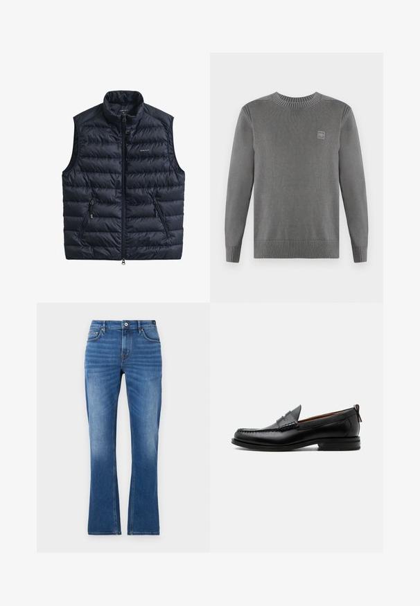Marineblauw gewatteerd vest met hoge kraag, ritssluiting aan de voorkant en twee ritssluitingen aan de zijkanten. Gemaakt van lichtgewicht stof met doorgestikte textuur.; TOM TAILOR WASHED CREWNECK - Trui - dark grey; Jeans met uitlopende pijpen in medium blauw. Heeft een vijfzakkenontwerp, stikselaccenten, een knoopsluiting en een licht vervaagde textuur op de benen.; Zwarte leren herensloffen met moc toe stiksel, pennyriem, gestructureerde kraag en lage gestapelde hak op witte achtergrond.