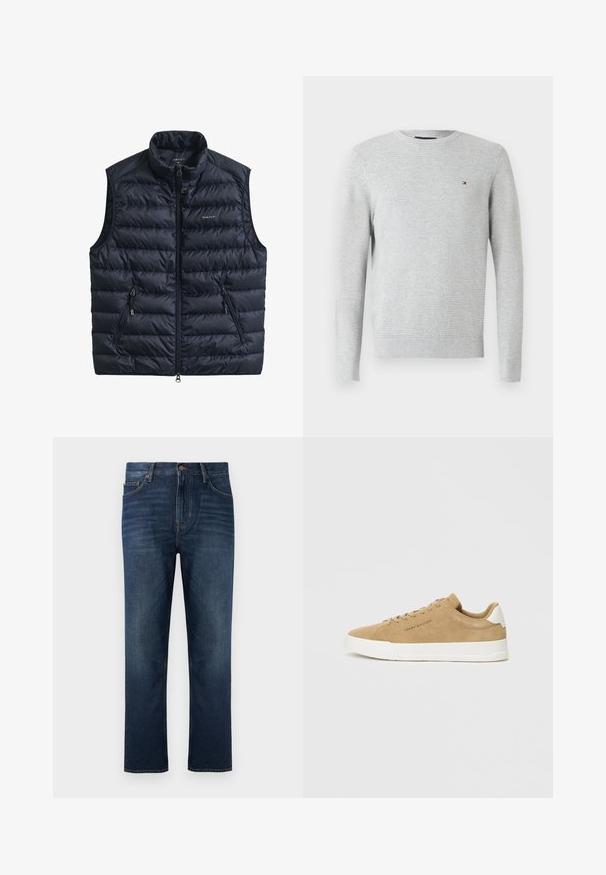 Marineblå polstret vest med høj krave, lynlås foran og to lynlåslommer i siderne. Fremstillet af let stof med quiltet tekstur.; Lys grå langærmet crewneck sweater med subtilt struktureret mønster og lille rød, hvid og blå logo på venstre bryst.; Mørkeblå denimjeans med et lige ben design, der har lukning med knapper foran og subtile falmede detaljer på stoffet.; Beige ruskinds sneakers med en hvid gummisål, rund tå, flade snørebånd og et diskret logo på siden. Glat tekstur og minimalistisk design.