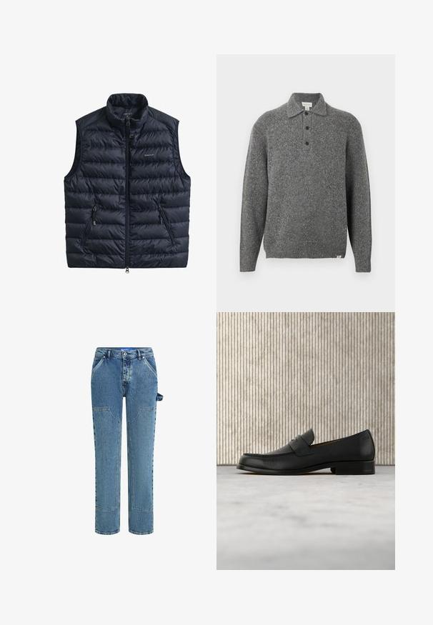 Marineblauw gewatteerd vest met hoge kraag, ritssluiting aan de voorkant en twee ritssluitingen aan de zijkanten. Gemaakt van lichtgewicht stof met doorgestikte textuur.; Grijze gebreide trui met een polokraag, knoopsluiting met vijf knopen, lange mouwen en geribbelde boorden; heeft een gestructureerde stof met subtiele kleurrijke vlekjes.; Blauwe denim jeans met een rechte pijpdesign, voorzien van contrasterende patches, twee voorzakken en een zichtbare lusdetail aan de zijkant.; Zwarte leren loafer zweeft boven een beige tapijt met op de achtergrond een glanzende, ronde, bruine tafel.