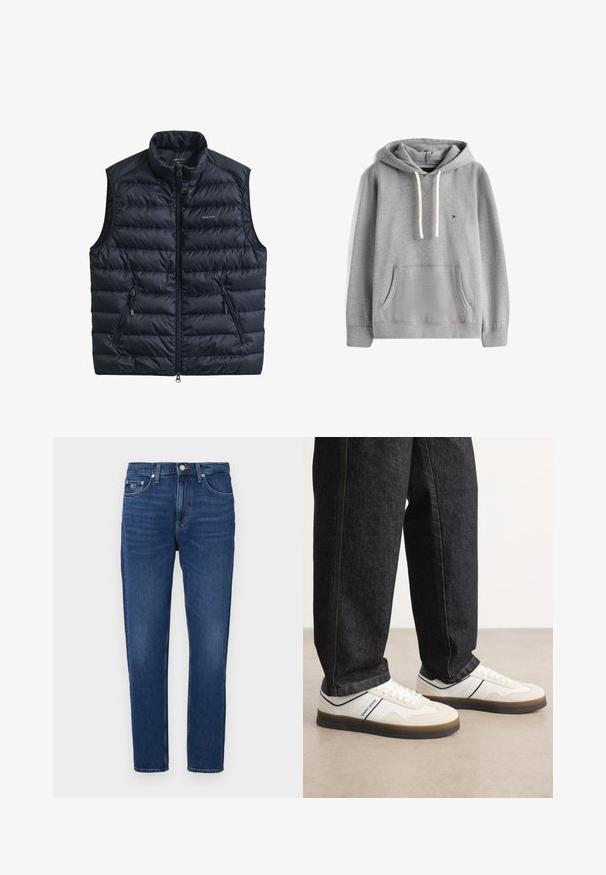 Marineblauw gewatteerd vest met hoge kraag, ritssluiting aan de voorkant en twee ritssluitingen aan de zijkanten. Gemaakt van lichtgewicht stof met doorgestikte textuur.; Grijze hoodie met een trekkoordkap, een voorzak en geribde manchetten. Heeft een klein logo op de linkerborst. Gemaakt van een zacht katoenmix materiaal.; Donkerblauwe denim jeans met een recht model, vijf zakken en een knoopsluiting. Bevat subtiele vervaging en een logo-label op de voorzak.; Witte en lichtgrijze sneakers met een bovenwerk van gestructureerd suede en leer, een bruine rubberen zool en een marineblauwe accentstreep. Draagt met donkere jeans.