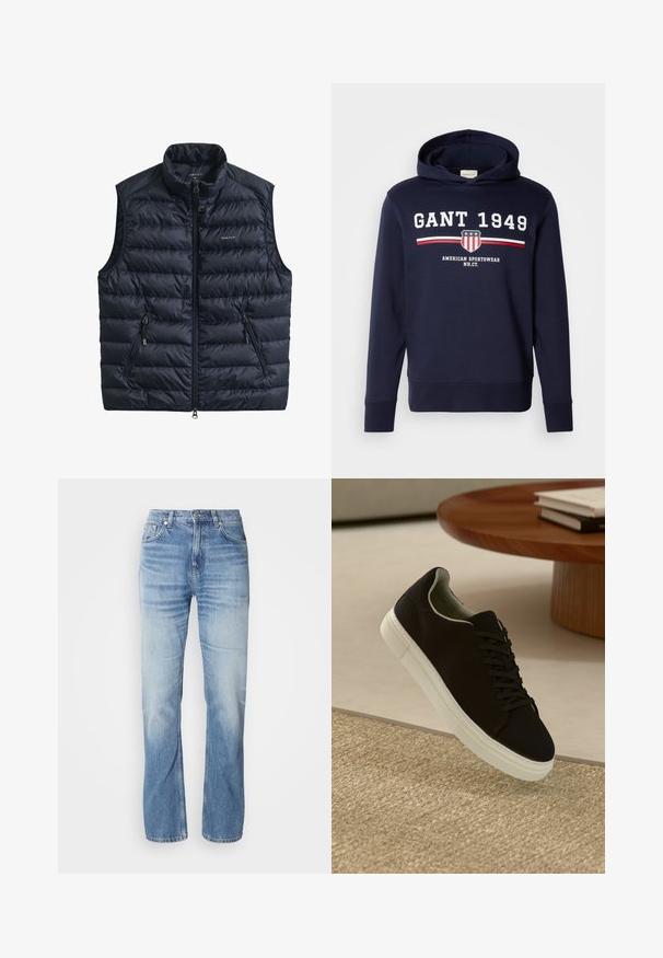 Marineblauw gewatteerd vest met hoge kraag, ritssluiting aan de voorkant en twee ritssluitingen aan de zijkanten. Gemaakt van lichtgewicht stof met doorgestikte textuur.; Navy blauwe hoodie met een grafisch ontwerp op de voorkant met "GANT 1949" en een schildlogo. Gemaakt van zachte materialen, heeft het lange mouwen en een capuchon met trekkoord.; Lichtblauwe denim jeans met een recht gesneden pijp, vervaagde afwerking, vijf zakken en een knoopsluiting. Klassiek ontwerp en gemiddelde dikte.; Zwarte sneaker met witte zool die boven een beige gestructureerd tapijt zweeft, nabij een ronde houten tafel met gestapelde boeken.