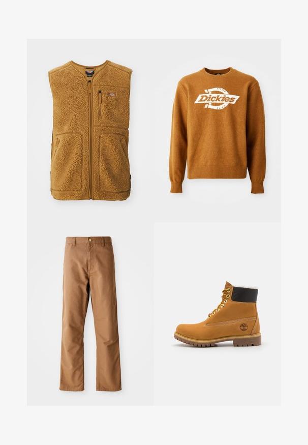 Brun sherpa fleece vest med frontlynlås, tre lommer og et lille logo-patch på øverste venstre bryst.; Brun strikket sweater med et hvidt "Dickies" logo på fronten. Klassisk rund halsudskæring og ribbede manchetter og kant. Blød tekstur.; Brune lige ben bukser med bæltestropper, forlommer, knaplukning og lynlåsgylp på hvid baggrund.; Brune læder ankelstøvle med metaløjer, hvid pelsforing, sort polstret krave, robust sål og præget logo på siden.