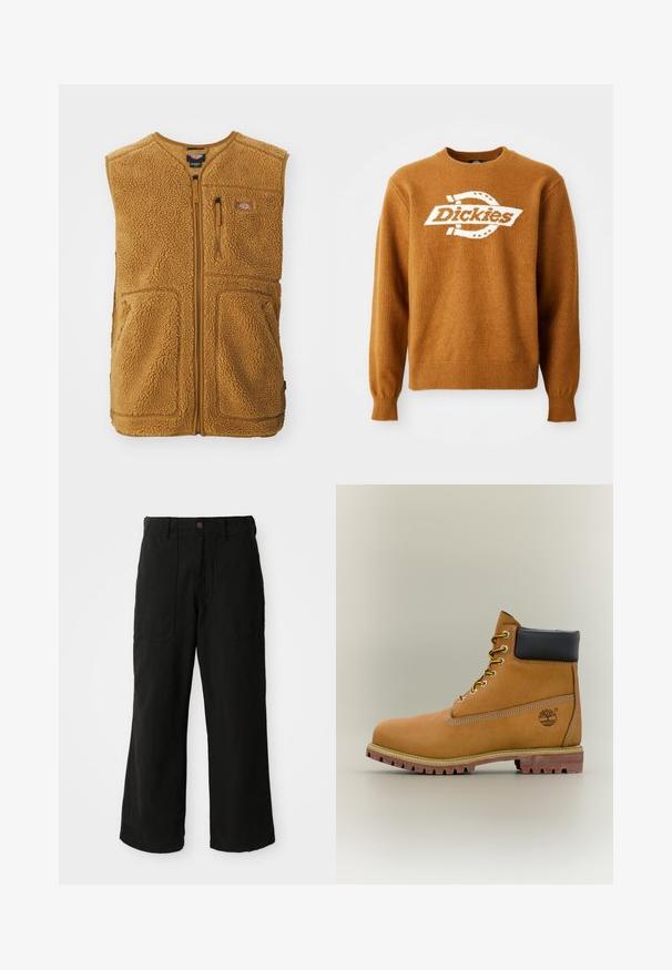 Bruine sherpa fleece vest met rits aan de voorkant, drie zakken en een klein logopatch op de bovenste linkerkant van de borst.; Bruine gebreide trui met een wit 'Dickies' logo op de voorkant. Klassieke ronde hals en geribbelde manchetten en onderrand. Zachte textuur.; Zwarte wijde broek van zachte stof, met voorzakken en een knoopsluiting in de taille. Minimalistisch ontwerp zonder zichtbare patronen.; Bruine leren enkellaars met zwarte kraag, gele veters en een zandkleurige zool. Voorzien van een logo en witte stikseldetails. Robuuste loopzool met grip.