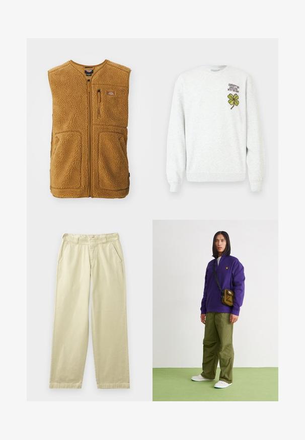 Brun sherpa fleece vest med frontlynlås, tre lommer og et lille logo-patch på øverste venstre bryst.; Grå sweatshirt lavet af tekstureret stof med rund halsudskæring, lange ærmer samt et grønt firekløver-grafisk motiv og tekstdesign på brystet.; Beige bomuldsbukser med en afslappet pasform, der har sidelommer, bæltestropper og lige ben. Glat tekstur med minimale syningsdetaljer.; Jordan AIR JORDAN 1 ZM CMFT 2 - Sneakers high - summit white/bicoastal/oxidized green