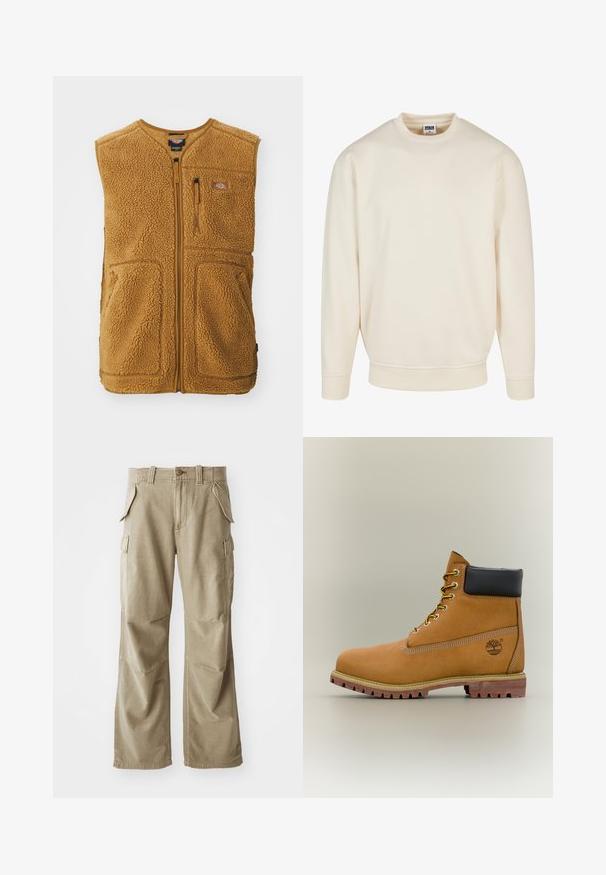 Brun sherpa fleece vest med frontlynlås, tre lommer og et lille logo-patch på øverste venstre bryst.; Cremefarvet sweatshirt med ribbet halsudskæring og manchetter. Har en afslappet pasform, blød tekstur og ingen synlige mønstre eller grafik.; Beige cargo bukser lavet af slidstærkt stof, med en afslappet pasform, flere sidelommer og forstærkede knæ. Flad frontdesign.; Brun læderankelstøvle med sort krave, gule snørebånd og tanfarvet sål. Har logo og hvide syninger som detalje. Robust ydersål med greb.