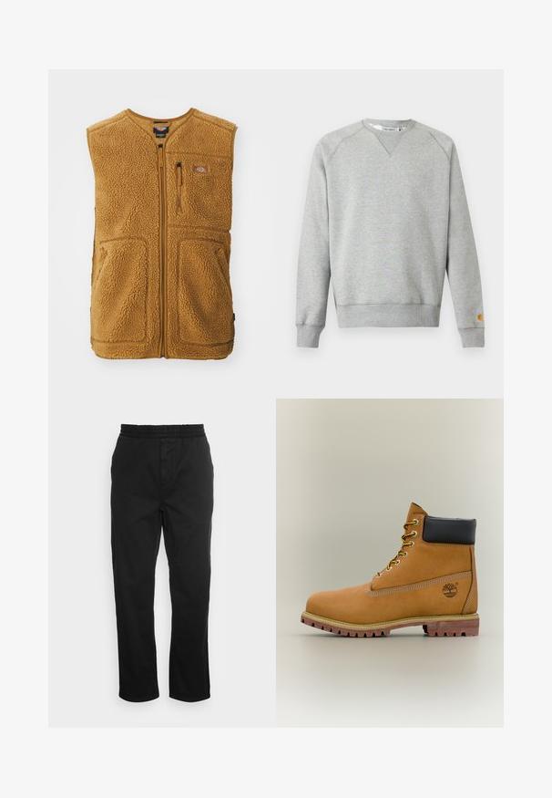 Brun sherpa fleece vest med frontlynlås, tre lommer og et lille logo-patch på øverste venstre bryst.; Lysegrå crewneck sweatshir t med lange ærmer, ribbede manchetter og kant, samt lille logo patch på venstre ærmekant.; Sorte bomuldsbukser med elastisk talje, lige ben og sidelommer. Glat tekstur uden mønstre eller accenter.; Brun læderankelstøvle med sort krave, gule snørebånd og tanfarvet sål. Har logo og hvide syninger som detalje. Robust ydersål med greb.