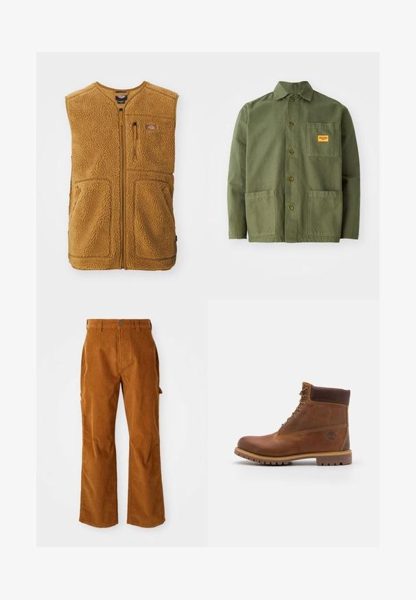 Brun sherpa fleece vest med frontlynlås, tre lommer og et lille logo-patch på øverste venstre bryst.; Oliven grøn jakke lavet af tung bomuld, med en spids krave, frontknapper og to store påsætningslommer. Inkluderer et lille logo patch.; Brune kordfløjlsbukser med en udvidet benstruktur, med sidelommer og en frontknaplukning. Teksturen er blød og ribbet.; Brun læder vandrestøvle med en glat finish, polstret ankel, metalliske snørehuller og en gummisål med et robust dækmønster.