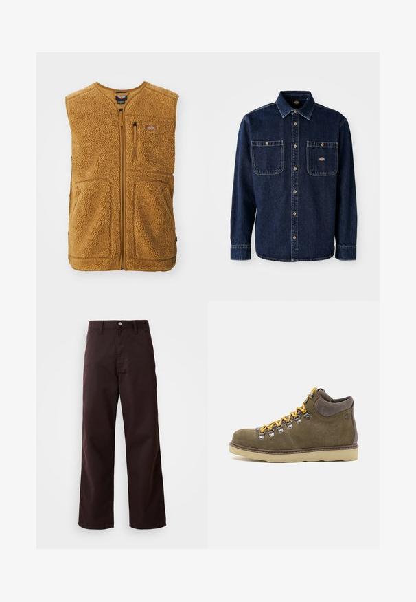 Brun sherpa fleece vest med frontlynlås, tre lommer og et lille logo-patch på øverste venstre bryst.; Mørkeblå denimskjorte med krave, knaplukning fortil, to brystlommer, gyldne knapper og synlige sømme. Har et mærkelogo.; Mørkebrune brede bukser lavet af robust bomuldsstof, med frontlukning med knap og to sidelommer. Glat tekstur, klassisk design.; Suedes vandrestøvler i olivengrøn med en beige gummisål. Har gule snørebånd, metaløjer og polstret ankelstøtte.